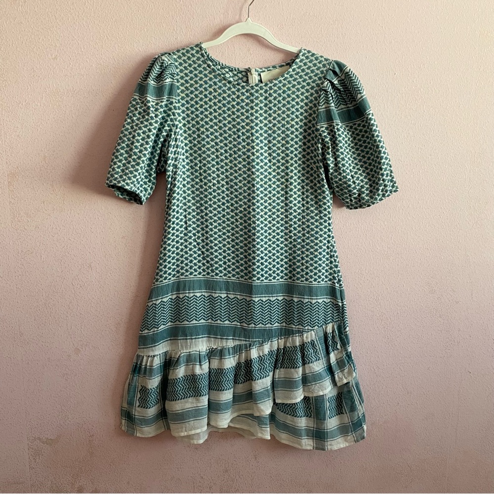 Summery Copenhagen Boho Scandi Chic Handloom Print Puffy Half Sleeve Mini Dress